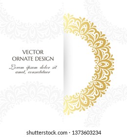 Golden circle decor. Square banner with decorative elements on the white background. Vector illustration for event invitation, ceremony card or celebration banner.