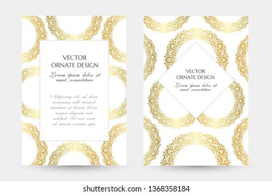 Golden circle decor. Stylish vertical posters with ornamental frames on the white background. Vector design with decoration elements and copy space for wedding invitation, anniversary cards and other.
