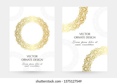 Golden circle decor. Stylish vertical posters with decorative elements on the white background. Vector illustration for event invitation, ceremony card or celebration banner.