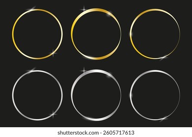 Golden circle designs. Shiny silver rings. Elegant metallic shapes. Vector glowing borders