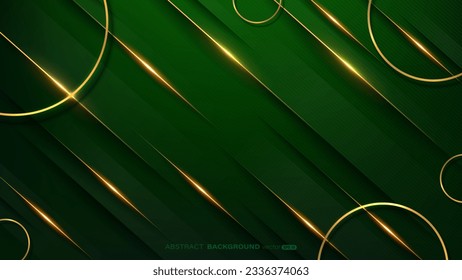 Golden circle with diagonal glowing effects and lines slanted on green background. Luxury style vector design