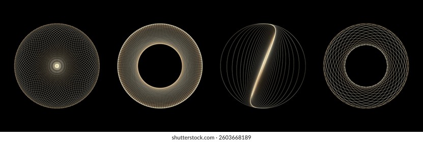 Golden circle elements in line art style. Abstract round geometric shapes