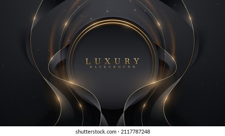 Golden circle frame and black ribbon elements with glitter light effects and bokeh decoration. Luxury style background design.