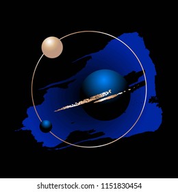 Golden circle frame, blue, gold brush strokes and 3d balls on a black background.