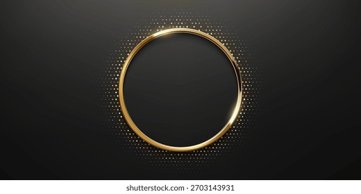 Marco de círculo dorado con efecto de luz de semitono punteado. Anillo metálico brillante circular, Botón, sello, emblema, etiqueta engomada, etiqueta. Ilustración vectorial abstracta de lujo moderno.