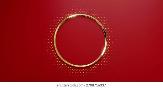 Marco de círculo dorado con efecto de luz de semitono punteado. Anillo metálico brillante circular, Botón, sello, emblema, etiqueta engomada, etiqueta. Ilustración vectorial abstracta de lujo moderno.