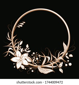 Golden circle frame with flower, leaf, berry and copy space. Luxury doodle vector illustration for wedding or birthday card, label, decor, textile print, fairy tale book design. Cartoon outlined art