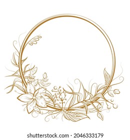 Golden Circle Frame With Flower, Leaf, Berry And Copy Space. Luxury Doodle Vector Illustration For Wedding Or Birthday Card, Honey Label, Decor, Textile Print, Fairy Tale Book Design. Outlined Art