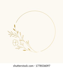 Golden circle frame with flowers and leaves. Vector hand drawn illustration.
