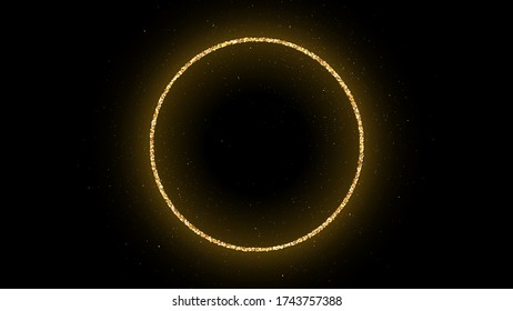 Golden circle frame with glitter, sparkles and flares on dark background. Empty luxury backdrop. Vector illustration.