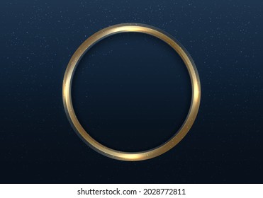Golden circle frame with light and glitter on dark blue background luxury style. Elegant frame gold ring with space for your text. Vector illustration