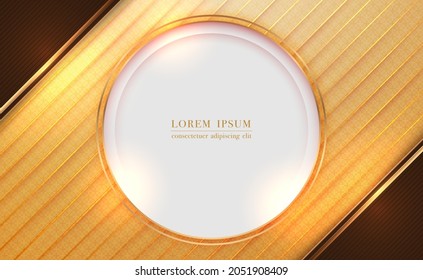Golden circle frame and line strip with brown paper cut, gold line abstract background. Vector illustration.