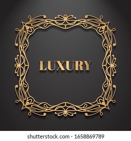 Golden circle frame on a black background. royal luxury vintage border, Label, logo design element. Hand drawn vector Illustration. Abstract gold shape