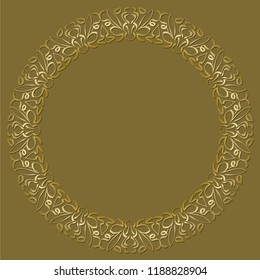 Golden circle frame on dark golden background. Filigree lace patterns, luxurious art deco design invitation. Embossed patterns with 3d effect.