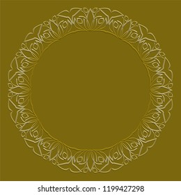 Golden circle frame on dark golden background. Filigree lace patterns, luxurious art deco design. Template for announcement, invitation. Embossed patterns with 3d effect.