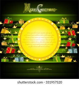 Golden circle frame on green Christmas background with stars and present boxes 