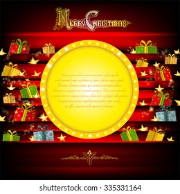 Golden circle frame on red Christmas background with stars and present boxes 