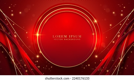 Golden circle frame with red ribbons, golden lines, shiny dots and glitter light effects decoration. Elegant style vector background design