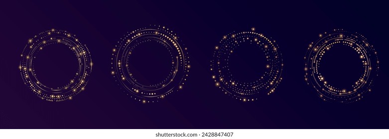 Golden circle frame set. Dotted gold vector shining ring. Isolated geometric round shape for decoration. Collection of background element for futuristic technology. Empty badge ornament. Border