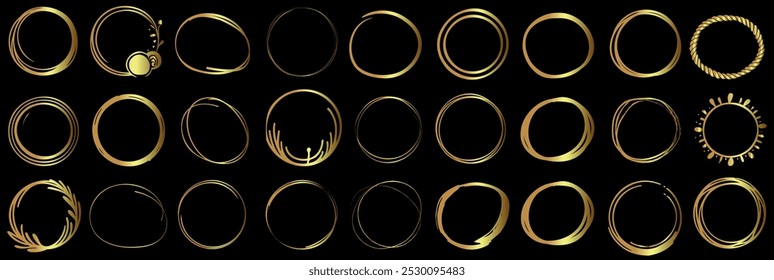 Conjunto de moldura de círculo dourado, anéis de pincelada desenhados à mão, desenhos de grinalda minimalista em ouro elegante. elementos de arte circular para designs de logotipo, convites e branding. Elegante, moderno e versátil