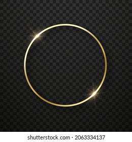 Golden Circle Frame with Sparkle Effect. Realistic Gold Shiny Round Border on Black Transparent Background. Mockup of Glowing Ring. Light Christmas Decoration. Isolated Vector Illustration.