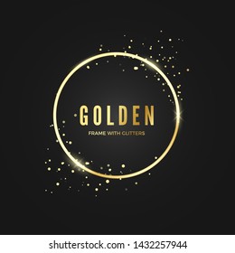 Golden Circle Frame template with glitter effect for banner and poster. Gold frame with space for text.  Vector illustration isolated on dark background