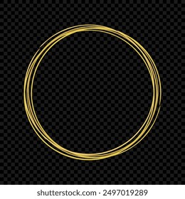 Marco de círculo dorado para invitaciones de texto, Anuncios e invitaciones. Elemento de diseño brillante redondo aislado en un fondo transparente negro. Ilustración vectorial.