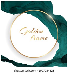 Golden circle frame with turquoise green watercolor wave or alcohol ink fluid art on a white background.