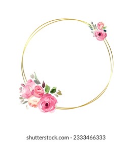 Golden circle frame with watercolor pink roses and green leaves, vector round template isolated on white 