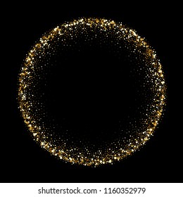 Golden Circle Of Glitter Confetti Or Gold Glittery Particles Explosion. Vector Firework Splatter Frame On Black Background Template For Christmas Greeting Card Or Luxury Fashion Backdrop