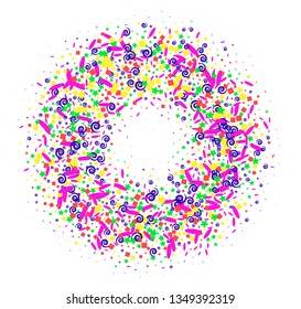 Golden circle of glitter confetti or gold glittery particles explosion. Vector firework splatter frame on black background template for Christmas greeting card or luxury fashion backdrop