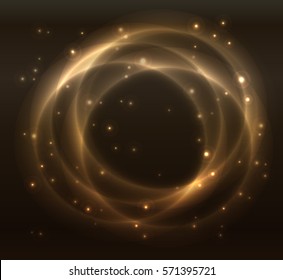 Gradiente de gradiente en círculo dorado sobre fondo negro, efecto nocturno estrellado amarillo, papel pintado con puntos de iluminación, banner cosmos de fiesta, galaxia estrella de rayos cósmicos, universo radius lechky way