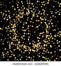 Golden Circle Happy Vector Black Background. Art Shine Invitation. Gold Dust Light Wallpaper. Sparkle Glamour Texture.