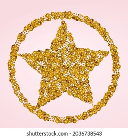 Golden Circle Isolated Vector Pink Background. Effect Round Banner. Yellow Dot Anniversary Backdrop. Confetti Vector Card.