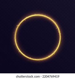 Golden circle light effect, glowing round frame with sparkles, shiny power ring isolated on a dark background. Vector illustration.