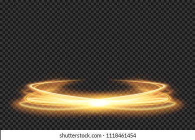 Golden circle light png. Luminous gold wavy line of light on a transparent background. Stock royalty free vector illustration. PNG	