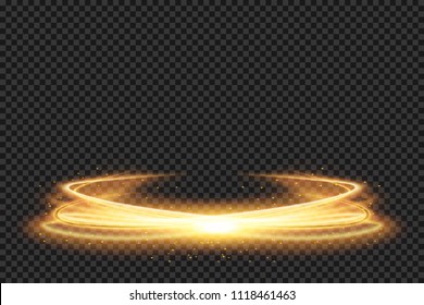 Golden circle light png. Luminous gold wavy line of light on a transparent background. Stock royalty free vector illustration. PNG	