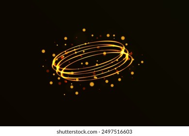 Golden circle line. Glowing magic fire ring. Flashes around an elliptical line. Vector illustration.