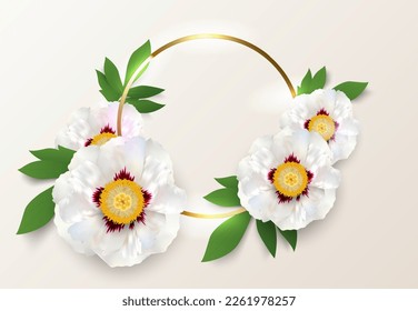 Golden circle logo frame with big white peony flowers. Gold round frame, flower, green leaf on creamy background. For greeting card, invitation, wedding, birthday and other holiday