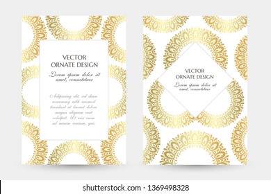 Golden circle motif in classical style. Stylish vertical posters with ornamental frames on the white background. Vector design with decoration elements and copy space for wedding invitation, anniversa