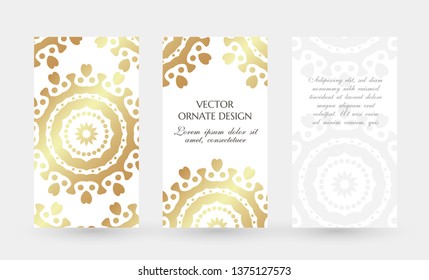 Golden circle motif. Elegant vertical flayers. Vector illustration for event invitation, ceremony card or celebration banner.