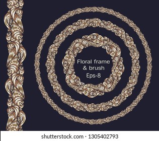 Golden Circle Ornament frame with brushes element and space for text, eps-8