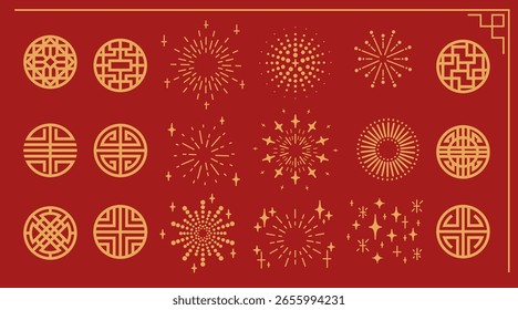 Golden circle patterns on red bg - traditional Chinese and Japanese geometric designs, fireworks, stars bursting. Oriental decorative emblems with lattice circles for lunar new year, Asian festivals