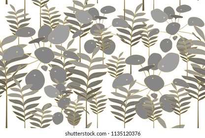 Golden circle pilea and tumeric leaves. Big leaves and exotic flowers composition. Vector illustration. Botanical seamless wallpaper. Digital nature art. Cartoon style sketch. White background.