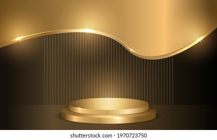 Golden circle podium on dark luxury background. Three-dimensional pedestal, round scene, display for product. Luxury abstract stage or scene platform. Vector illustration.