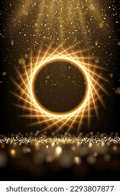 Golden circle with rays, glitter dust with shine and glow light effect vector illustration. Gold particles falling on magic round vortex, luxury rain of confetti with bokeh in festive wallpaper