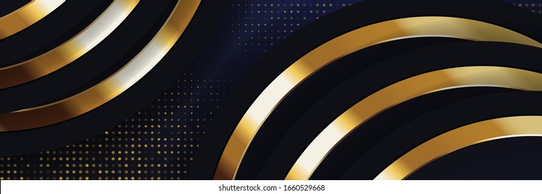 golden circle shaped overlap vector on a black background with gold sparkle. modern digital banner concept design decoration