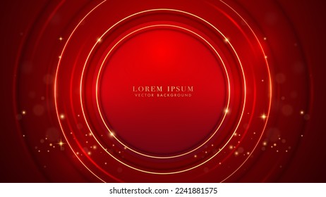 Golden circle with shiny dots and glitter light effects decoration on red luxury background. Elegant style vector design