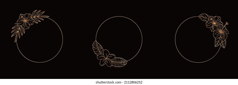 Golden Circle Tropical Frames with Hibiscus and Frangipani Flowers. Vector Monogram in Minimal Linear Style. Floral Borders Copy Space for letter or text.