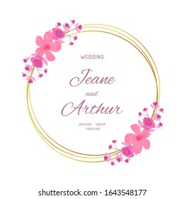Golden circle vintage frames with pink flowers blossom